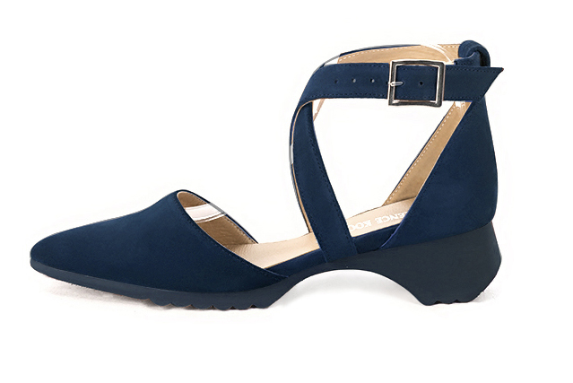 Navy blue women's open side shoes, with crossed straps.. Profile view - Florence KOOIJMAN